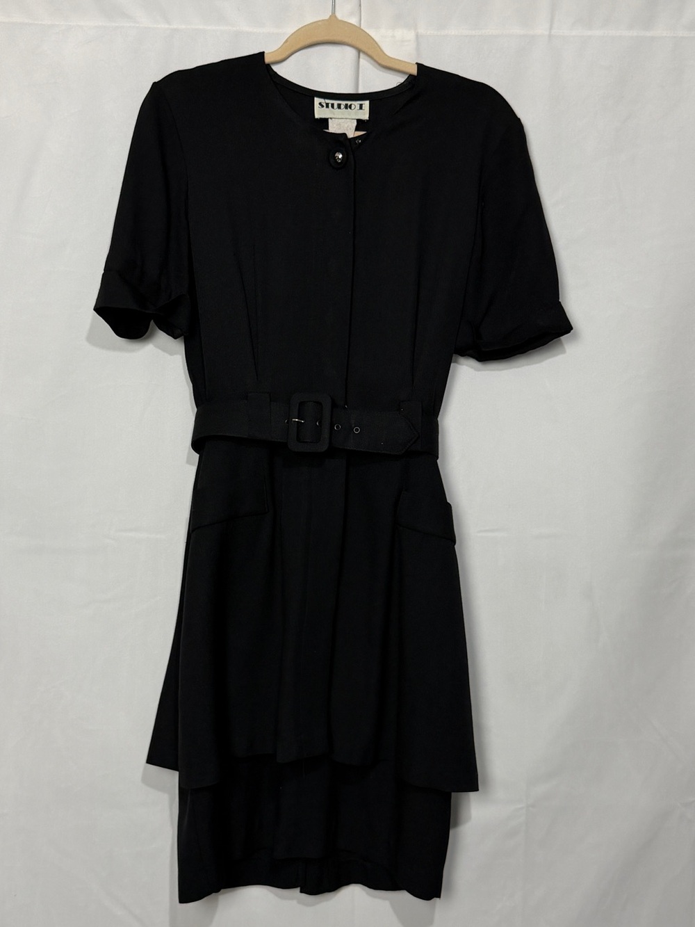 Vintage Studio I Black Dress Size 2 Belted Peplum Office Siren 90s
